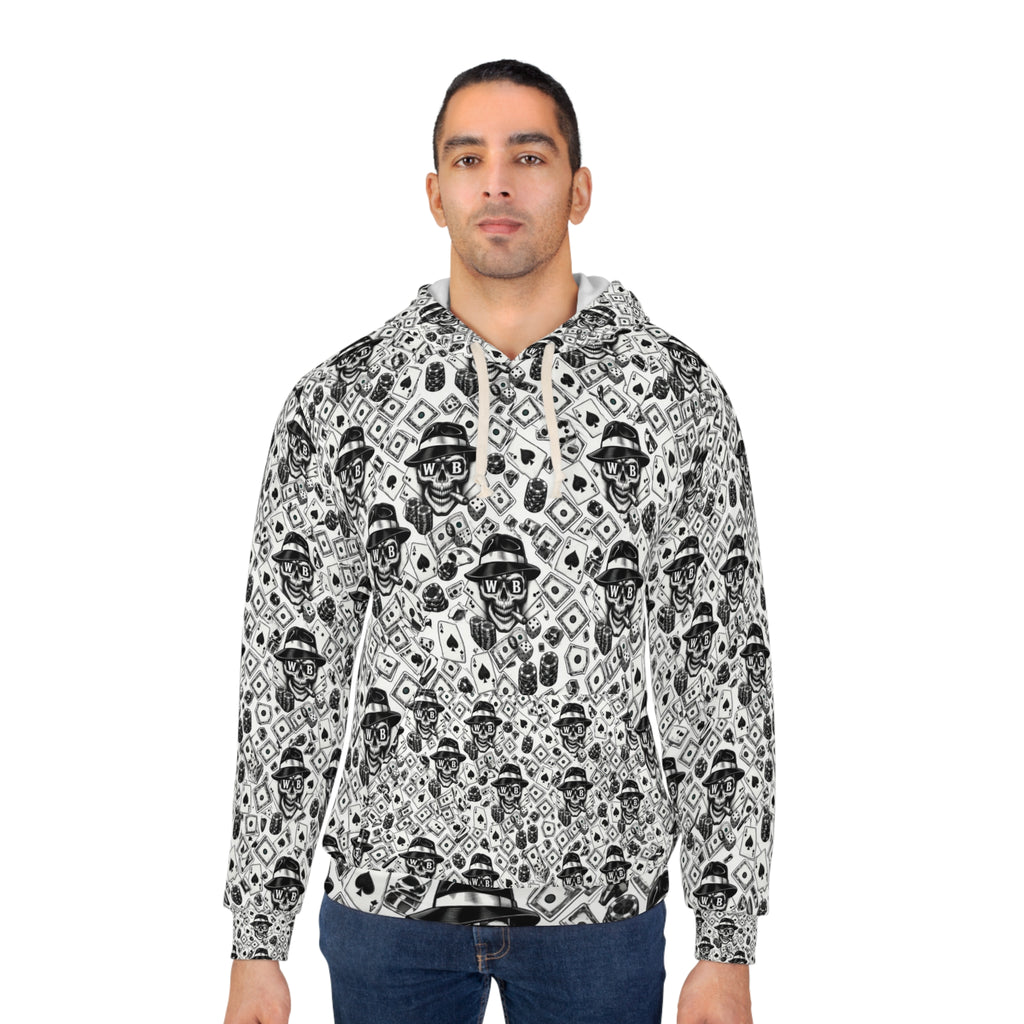 Skull Pattern Hoodie — Black & White Gothic All-Over Print Pullover