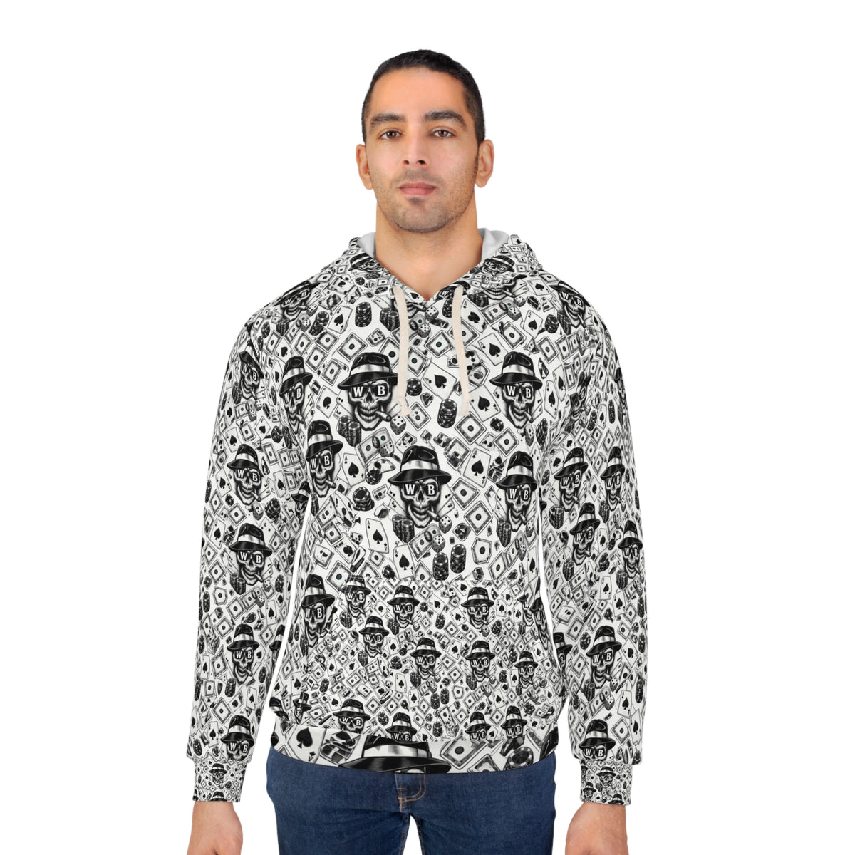 Skull Pattern Hoodie — Black & White Gothic All-Over Print Pullover