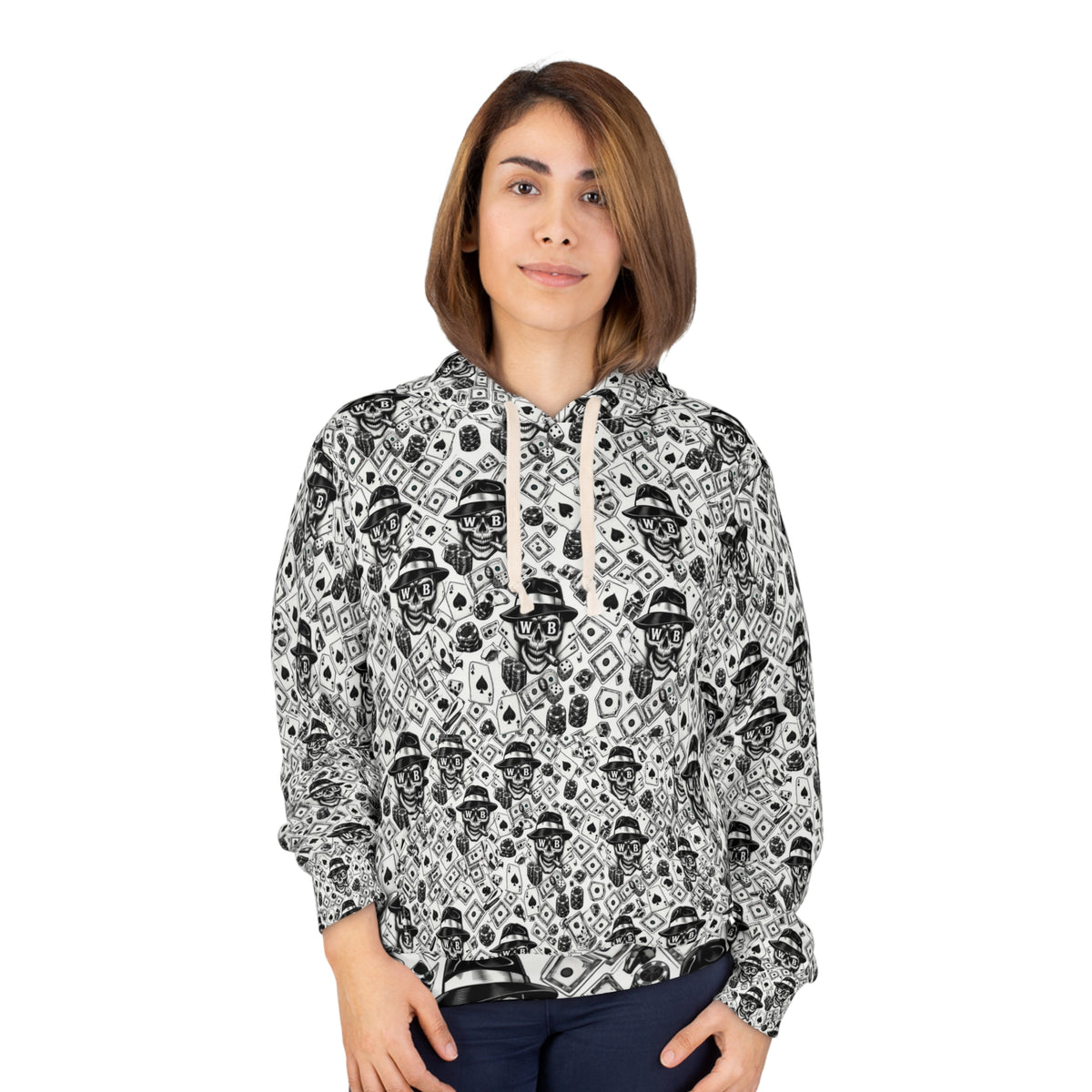 Skull Pattern Hoodie — Black & White Gothic All-Over Print Pullover