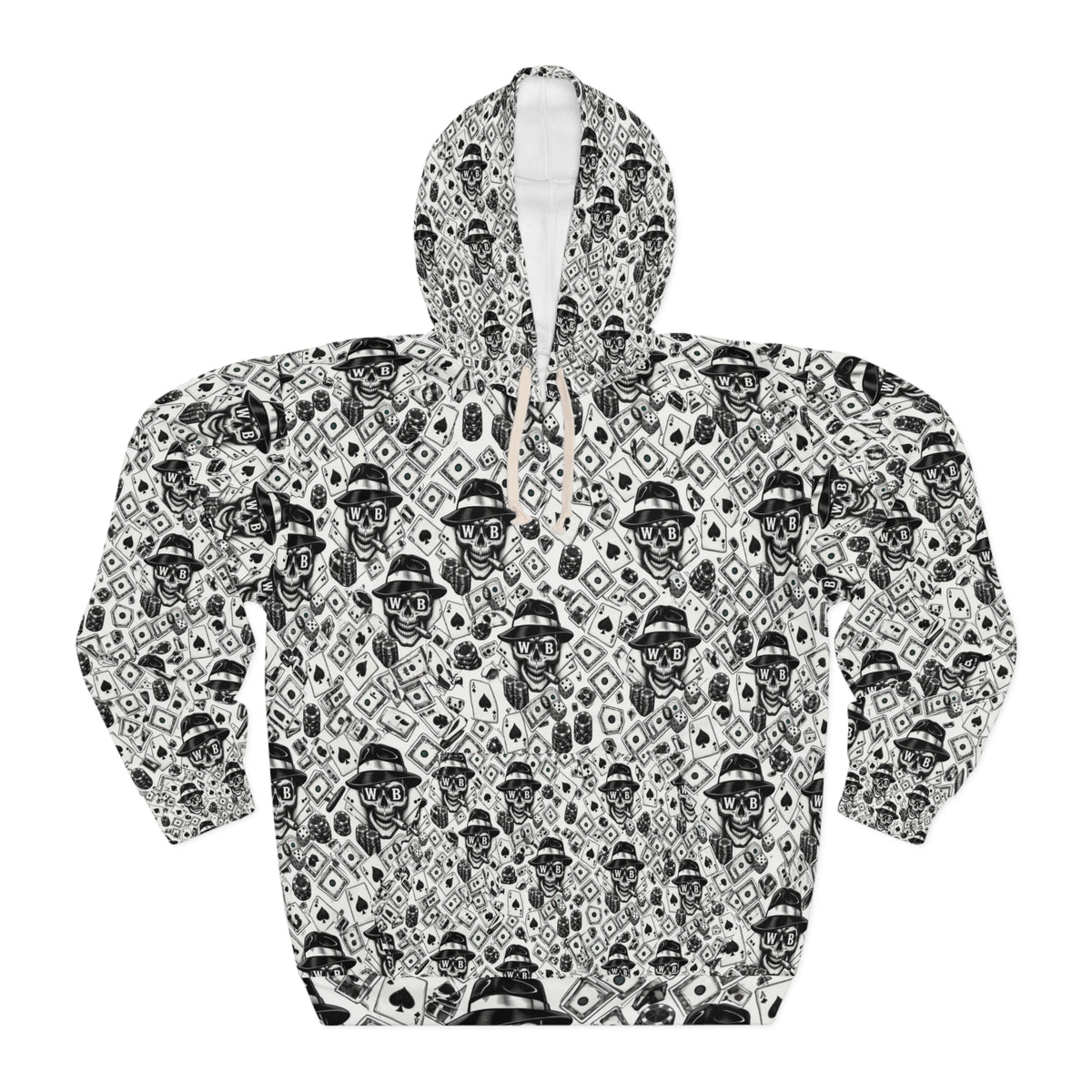 Skull Pattern Hoodie — Black & White Gothic All-Over Print Pullover