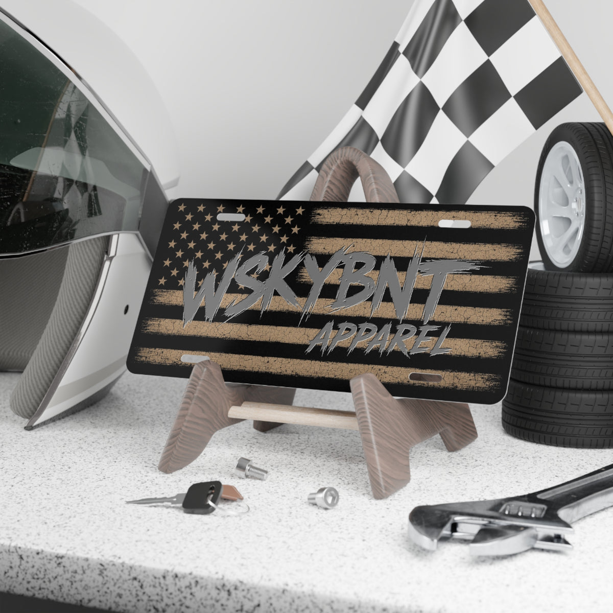 Metal Vanity Plate — Distressed American Flag "WSKYBNT Apparel"
