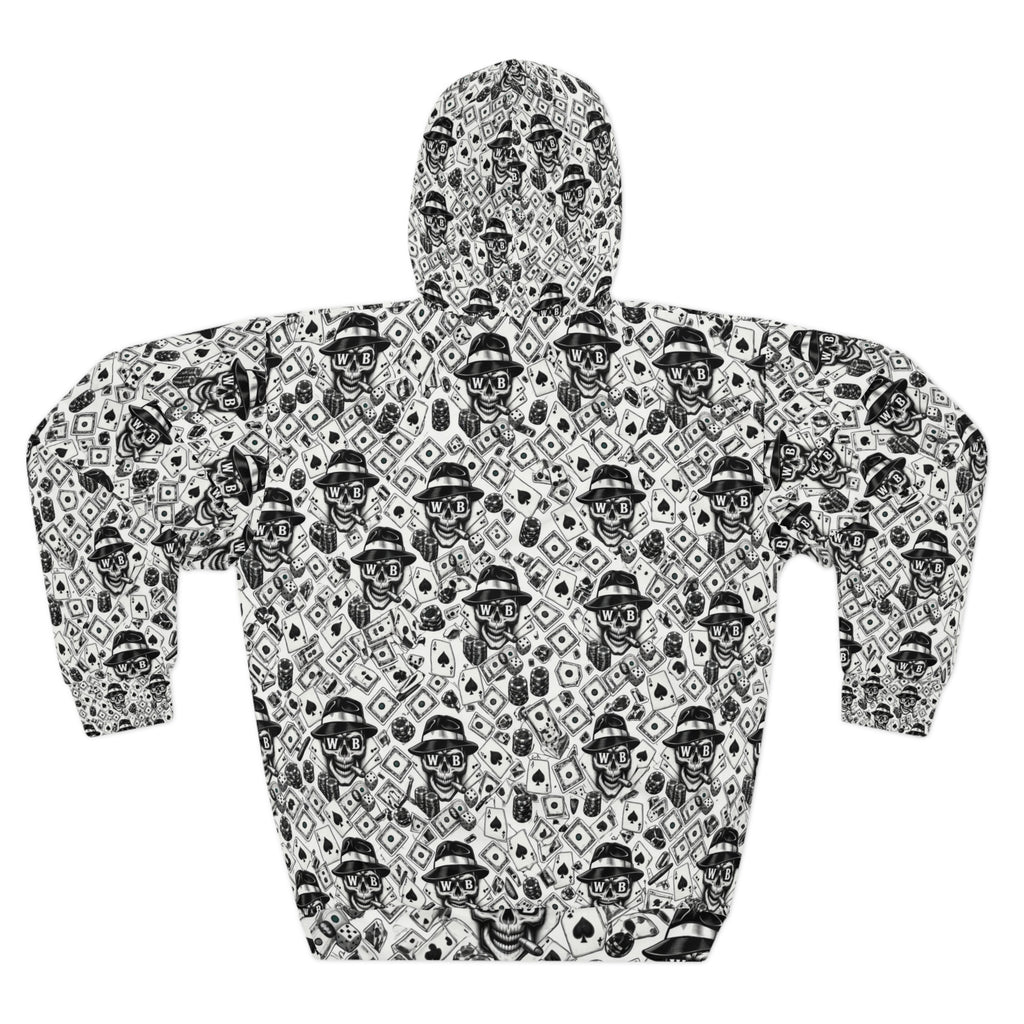 Skull Pattern Hoodie — Black & White Gothic All-Over Print Pullover