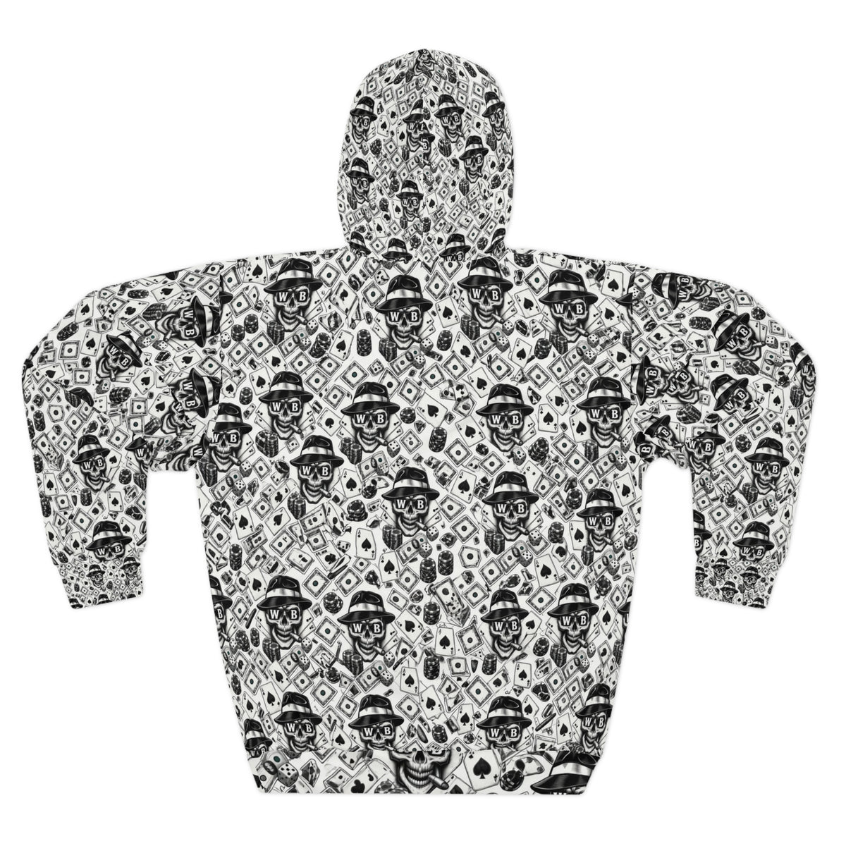 Skull Pattern Hoodie — Black & White Gothic All-Over Print Pullover
