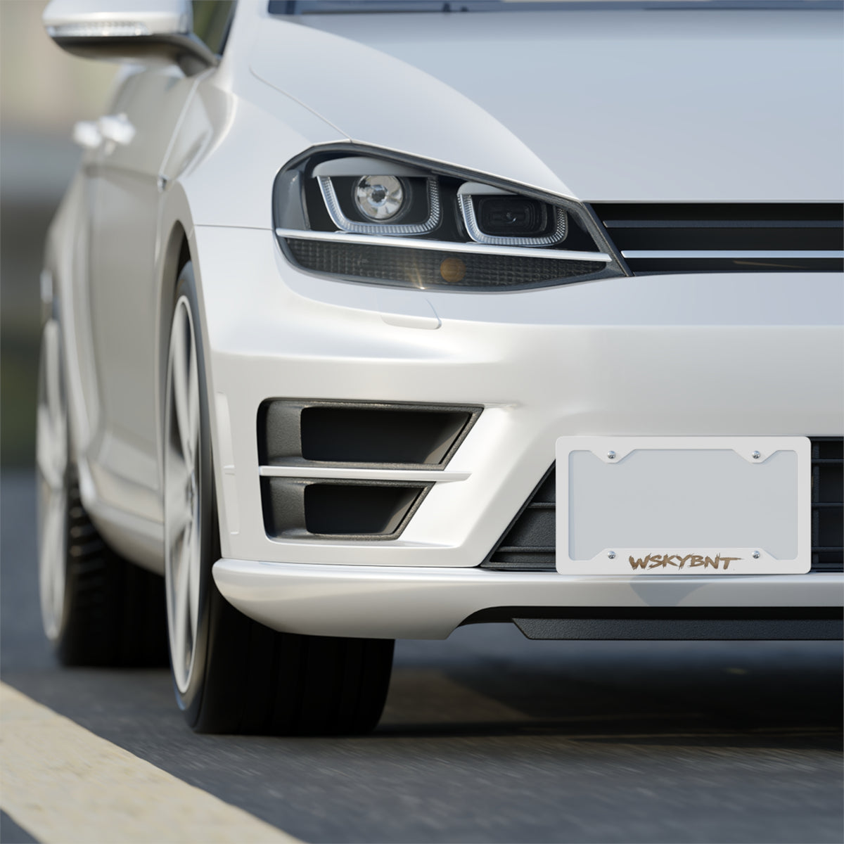Metal License Plate Frame — Brushed Steel Car Tag Border with WSKYBNT Script
