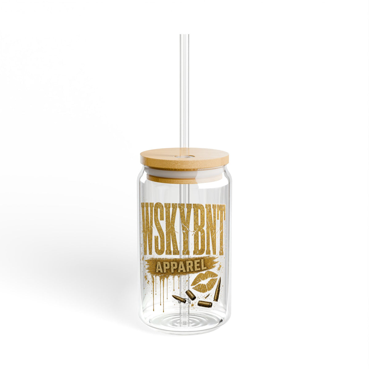 16oz Sipper Glass with Straw — Gold 'WHISKYBNT Apparel' Vintage Logo