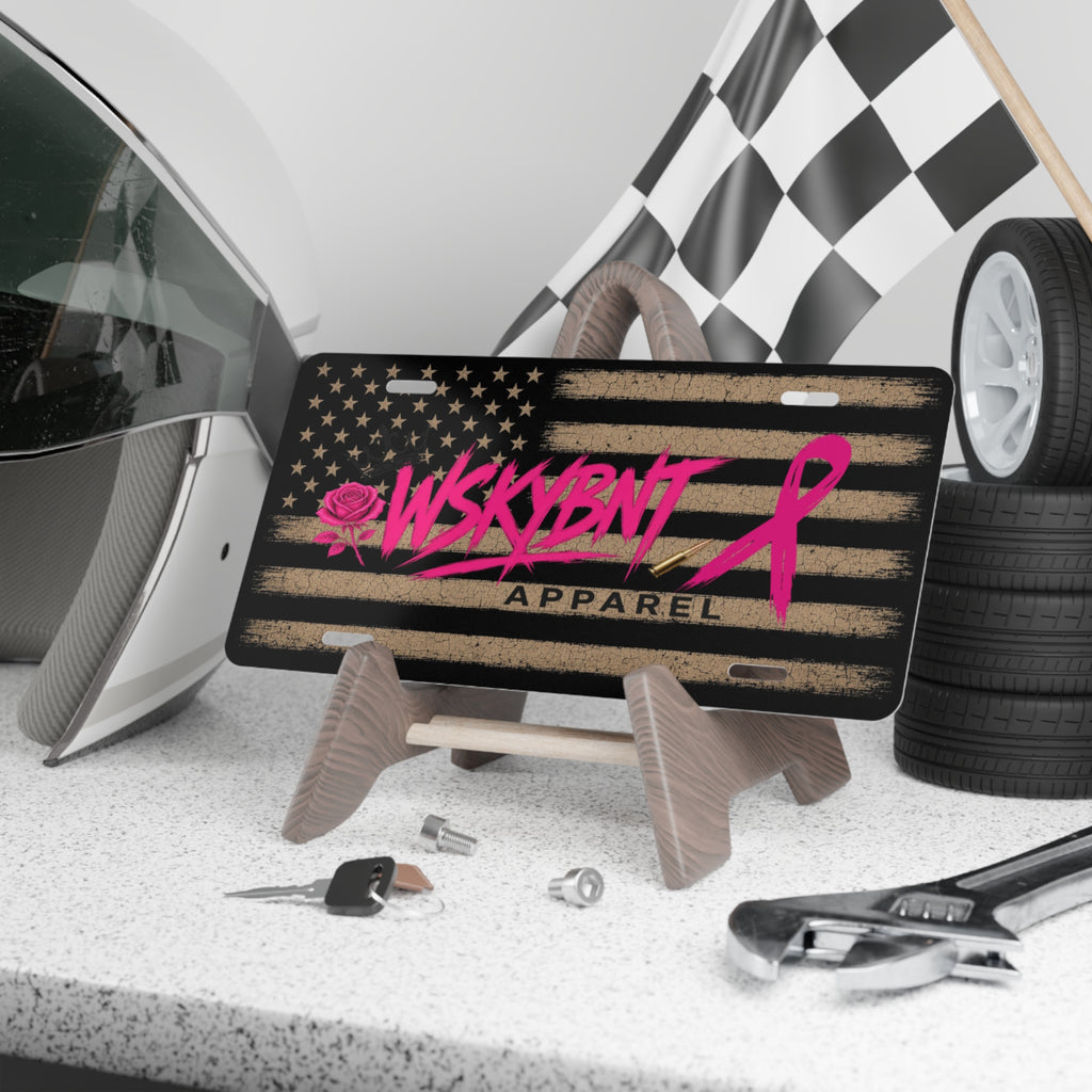 Breast Cancer Awareness Flag Vanity Plate — Pink Ribbon WSKYBNT Apparel